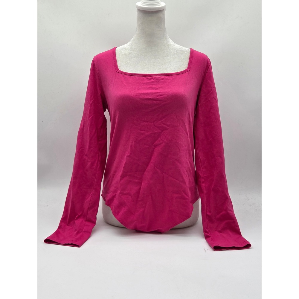 Mangopop Pink Square Neck Long Sleeve Cotton Stretch Bodysuit XL 101-836